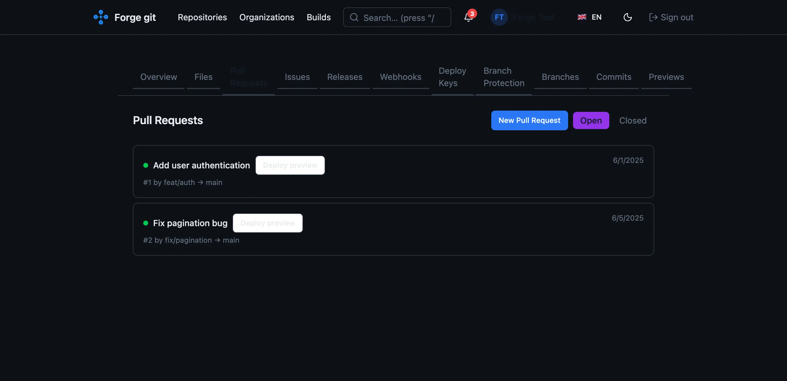 The Forge git pull request list, showing a Deploy preview button on each open pull request